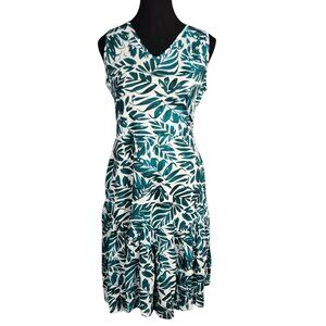 NWOT | Teal & White Tropical Leaf Print V-Neck Dress with Pockets | Medium